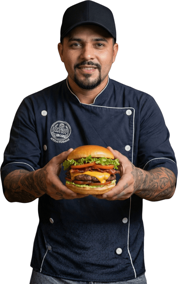 Chef segurando um hambúrguer para representar delivery
